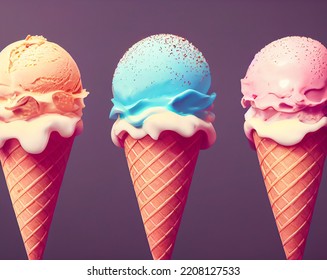 Alignment of three ice cream cones with ice cream scoop, for banner or sign, minimalist style design, 3D illustration - Powered by Shutterstock