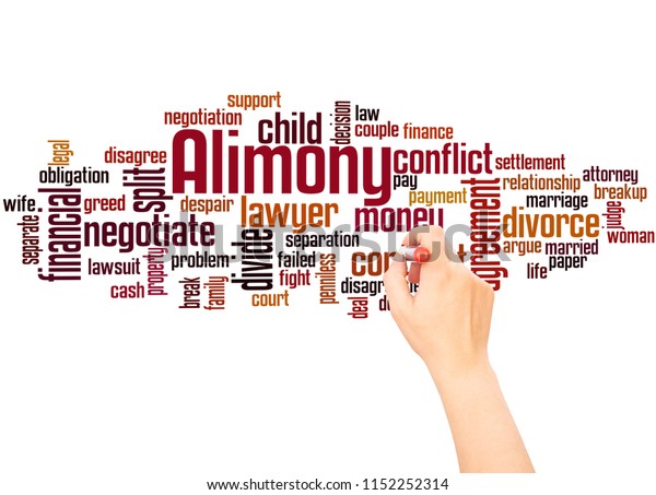 Alimony word cloud and hand writing concept\
on white\
background.