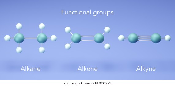 Alkane, Alkene, Alkyne - Functional Groups, Organic Chemical, Molecular Structures, 3d Rendering. 