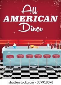 All American Diner With Bar And Food, Checkerboard Floor.