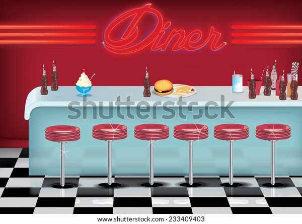 All American vintage style Diner cartoon with\
fried and burger on a\
counter.