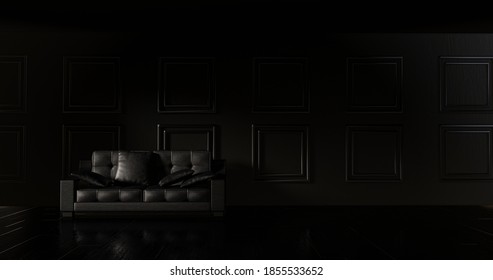 All Black Room With Black Leather Sofa And Black Pillows, 3D Illustration