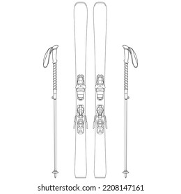 All Mountain, Carving Ski  Freeride Ski Modern Equipment. Ski Binding And Ski Pole For Winter Sports Sketch Drawing, Contour Lines Drawn