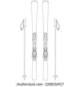 All Mountain Ski  Carving Ski  Freeride Modern Equipment. Ski Binding And Ski Pole For Winter Sports Sketch Drawing, Contour Lines Drawn