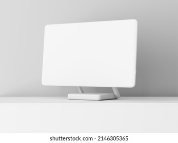 All In One Desktop Computer Monitor White Clay Mockup On White Cube, 3d Rendering