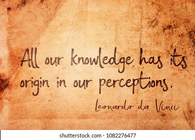 All our knowledge has its origin in our perceptions - ancient Italian artist Leonardo da Vinci quote printed on vintage grunge paper