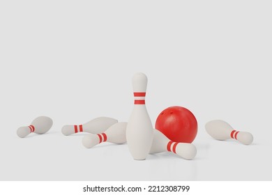 All The Pins Are Knocked Down By A Red Bowling Ball. Great Bowling Game. 3d Rendering.