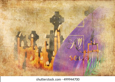 All souls day - Abstract artistic background, with celtic cemetery crosses silhouettes and burning candles. - Powered by Shutterstock