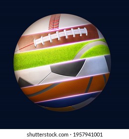 All Sports Ball Concept Image. A Mix Of Balls Used In The Sports Of Baseball, American Football, Tennis, Soccer, Basketball, And Volleyball Combined In One Sphere. 3D Illustration On Dark Background