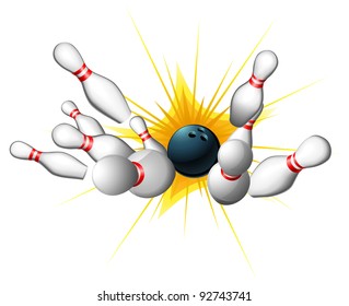 All Ten Pins Being Knocked Down By A Bowling Ball For A Strike