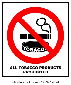 All Tobacco Products Prohibited Icon. No Smoking Sign.  Illustration Isolated On White Background. Warning Forbidden Symbol, Black Pictogram In Red Circle