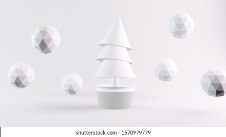 All White Christmas Geometric Pine Tree And Abstracts Forms. Winter And Snow Concept. 3D Render Illustration