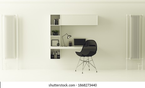 All White Modern Contemporary Home Office With Small Floating Desk 3d Illustration Render 