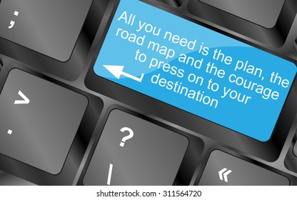 All You Need Is The Plan, The Road Map, And The Courage To Press On To Your Destination. Computer Keyboard Keys With Quote Button. Inspirational Motivational Quote. Simple Trendy Design