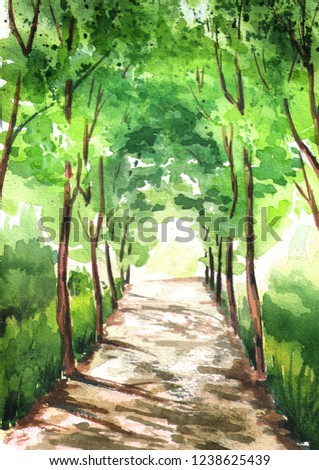 Alley of green trees, illuminated by the sun, with light at the end of the tunnel. Watercolor hand drawn vertical illustration