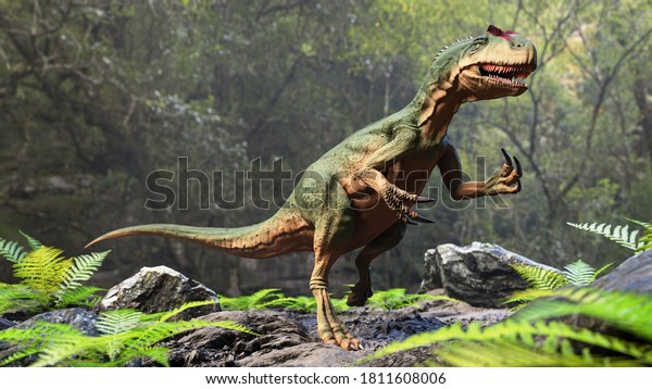 Allosaurus\
fragilis in a forest. Dinosaur realistic and scientific 3D\
rendering illustration\
reconstitution.