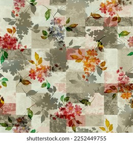 allover floral pattern hand drown watercolor flower and random placement renbow look digital print blossom different types artistic texture effect blooming garments design amazing fabric concept 