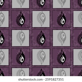 allover pattern with a check box and antique style leaf motif voilat and gray colour combination seamless pattern digital all over design 