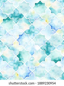 Allover seamless Hand painted turquoise geometrical watercolor Moroccan tile pattern in repeat