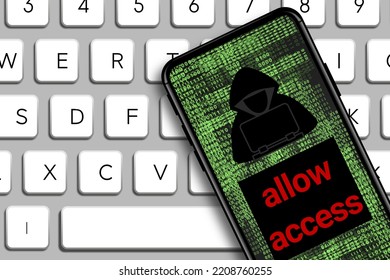 Allow Access Word And Hacker Icon In Mobile Phone With Digital Code Numbers. Concept For New Advanced Applications Collect All Data From Users Phone. 