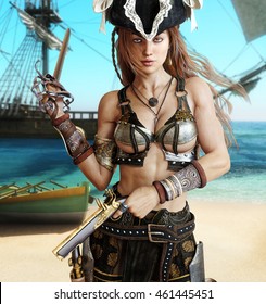 Alluring sexy pirate female posing with a cutlass sword and pistols on a coastline with her pirate ship in the background. 3d rendering