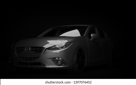 Almaty, Kazakhstan. April 29: Japan business sedan car Mazda 3 on black background. 3D render