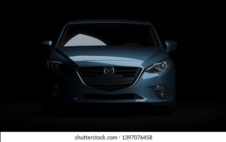 Almaty, Kazakhstan. April 29: Japan business sedan car Mazda 3 on black background. 3D render