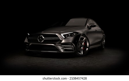 Almaty, Kazakhstan - Jan 10.2022: Mercedes-Benz AMG CLS 53 4MATIC studio shots on black background. 3d render