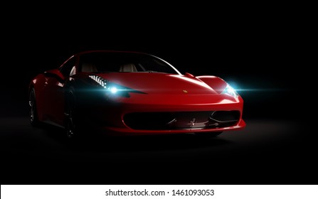Almaty, Kazakhstan. Juli 25, 2019: Ferrari 458 Italia Pininfarina. luxury stylish supercar on dark background. 3D render