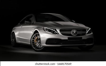 Almaty, Kazakhstan - March 05, 2020: MERCEDES C63S AMG Luxury Sports Coupe on black background. 3d render