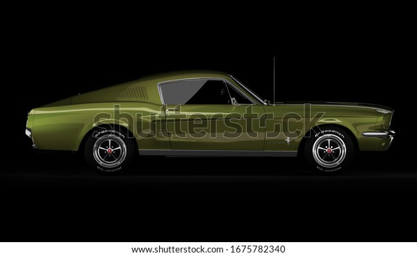 Almaty, Kazakhstan -\
March 15, 2020: Ford mustang 1967 retro sport car coupe on black\
background. 3d\
render