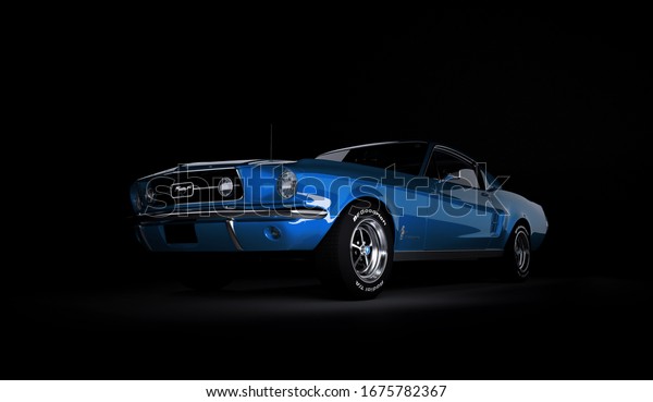 Almaty, Kazakhstan -\
March 15, 2020: Ford mustang 1967 retro sport car coupe on black\
background. 3d\
render