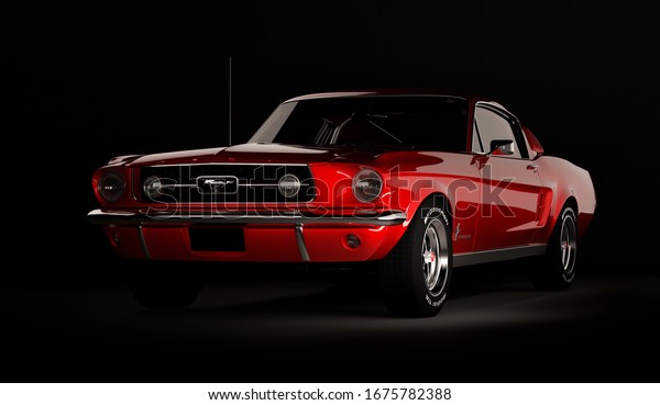 Almaty, Kazakhstan -
March 15, 2020: Ford mustang 1967 retro sport car coupe on black
background. 3d
render