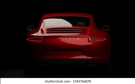 Almaty, Kazakhstan. MARCH 18: Porsche 911 Carrera Turbo Luxury Stylish Fast Sport Car Black Dark Background. 3D Render