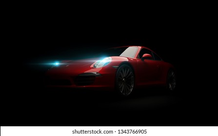 Almaty, Kazakhstan. MARCH 18: Porsche 911 Carrera Turbo Luxury Stylish Fast Sport Car Black Dark Background. 3D Render