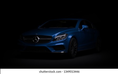 Almaty, Kazakhstan - march 24, 2019: Mercedes-Benz cls 500 AMG stylish luxury business class fast car on dark background. 3d render