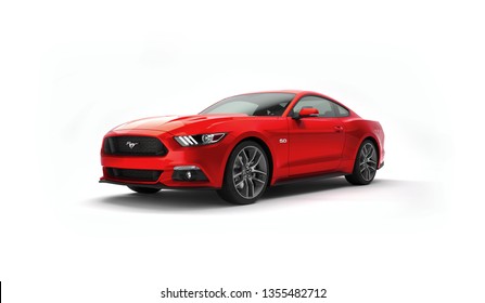 Almaty, Kazakhstan. MARCH 28: Ford Mustang V8 5.0L. Luxury Stylish Car Isolated On White Background. 3D Render