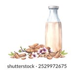 Almond Milk. Glass bottle with nuts, almond tree branch with flowers and leaves. Watercolor food and drink composition. Plant based milk. Hand drawn dairy, lactose free. Clipart on isolated background