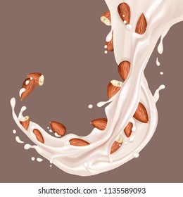 Almond Milk. Realistic Milk Splash With Almonds. Raster Illustration For Advertising Or Packaging Cosmetics Or Dairy Products.