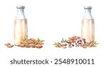 Almond vegan Milk. Glass bottle with nuts, almond tree branch with flowers and leaves. Watercolor food and drink set. Plant based milk. Hand drawn dairy, lactose free. Clipart on isolated background