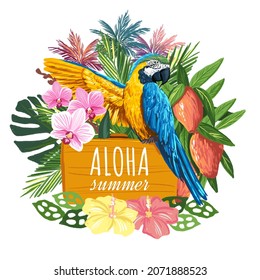 Aloha summer - wooden sign with parrot, mango fruits,tropical leaves. Hand drawn digital illustration with jungle theme