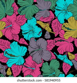 Aloha T-Shirt design. Best creative design for poster, flyer, presentation. Aloha Hawaii, Luau Party invitation on black background with hibiscus flowers in pink and yellow colors. Seamless pattern.