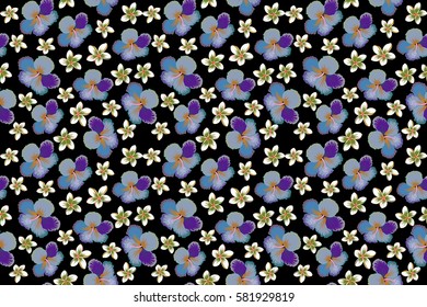 Aloha T-Shirt design. Raster seamless pattern. Best creative design for textile, poster, flyer. Aloha Hawaii, Luau Party invitation on black background with hibiscus flowers in violet and blue colors.