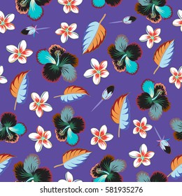 Aloha typography with multicolored hibiscus pattern. Floral illustration for t-shirt print, seamless pattern illustration on violet background.