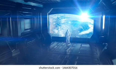 Alone astronaut in futuristic interior. Sci fi room view of the earth. 3d rendering.