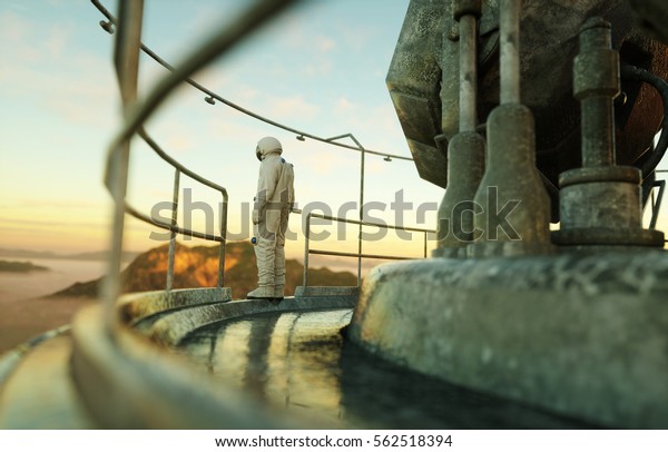 alone astronaut on alien planet. Martian on\
metal base. Future concept. 3d\
rendering.