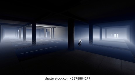 alone in the dark of empty building 3d render liminal space
