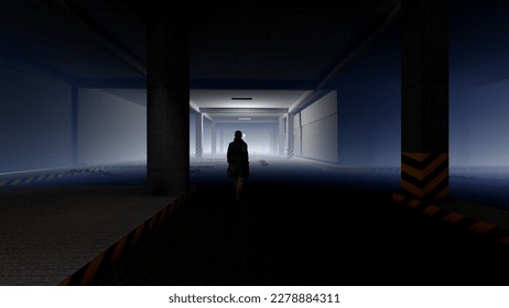 alone in the dark of empty building 3d render liminal space