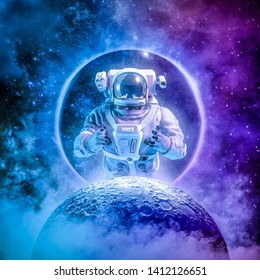 Alone In The Final Frontier / 3D Illustration Of Science Fiction Scene With Astronaut Rising Above Moon Surrounded By Glowing Galaxies In Space