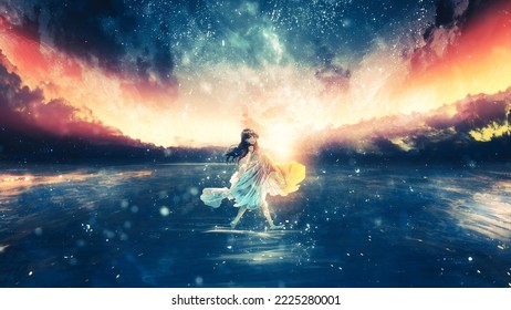 Alone girl on the lake digital art 3d illustration - Shutterstock ID 2225280001